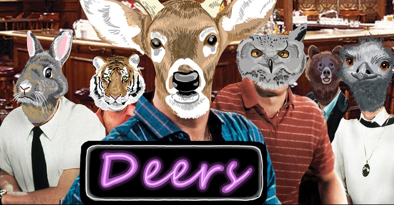 Deers production image, people dressed like animals in a bar