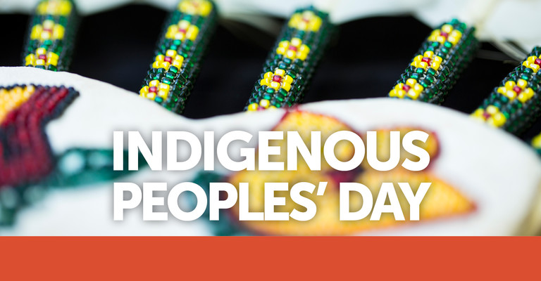Indigenous peoples day title with native beads set as background