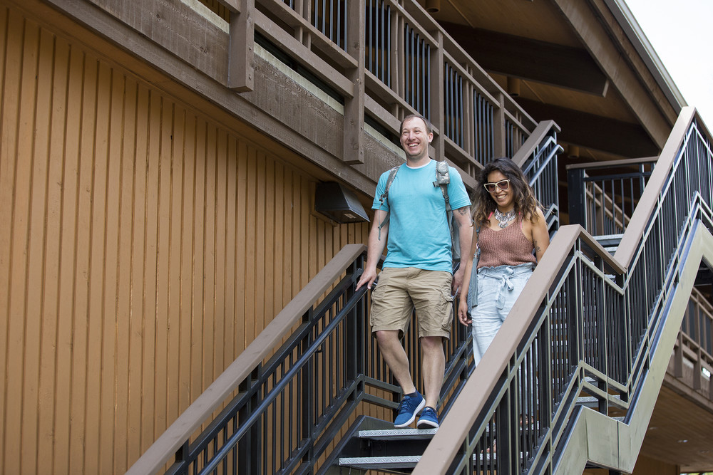 students walking down stairs